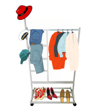 Perchero colgador multiusos con ruedas,  portatil, madera maciza color blanco