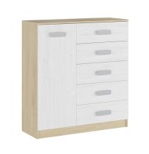 Cómoda Grande para Dormitorio o Salón – Natural y Blanco, 60 x 108 x 60 cm, 1 Puerta y 5 Cajones de Almacenaje.