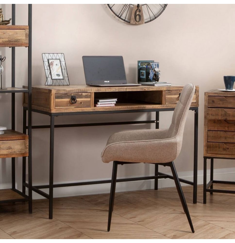 Escritorio Moderno Color Nogal con 2 Cajones y Patas Metálicas Negras – Diseño Elegante y Estable, 112x56x84 cm