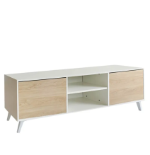 Mueble de TV de Diseño Nórdico, 2 Estantes y 2 Puertas, Cambria - Blanco, 49cm (Al)x 180cm (Anc) x 40cm (Fon)