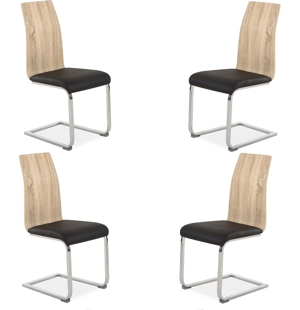 Pack 4 sillas de Comedor, Acabado en símil Piel Color Negro y Madera, Medidas: 44 cm (An) x 57 cm (Lar) x 97 cm (Al)