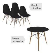 Conjunto Mesa y Sillas Nórdicas: Mesa Negra (80x80x76 cm) + 4 Sillas con Patas de Madera Haya (46,5 x 48 x 82 cm)