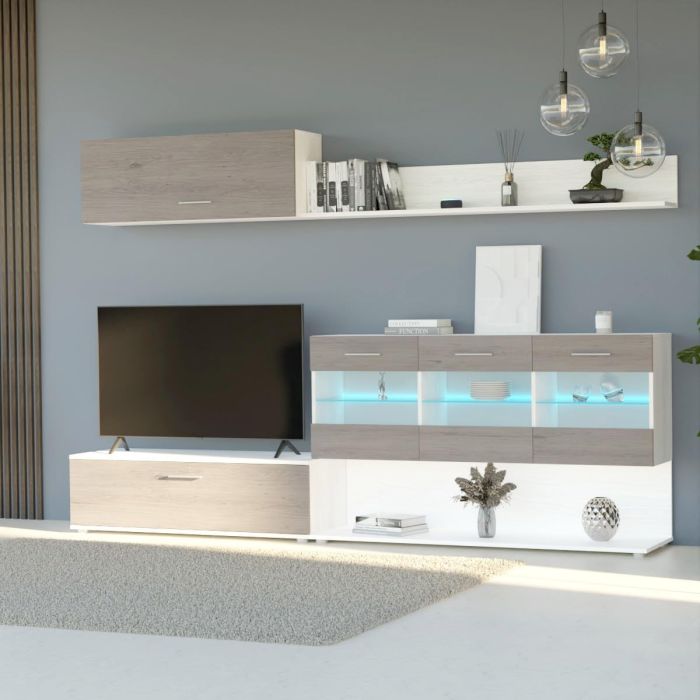Mueble de Salón con Leds, Acabado en Andersen Pino - Gris, Medidas: 250 cm (Anc) x 115 cm (Al) 40 cm (Fon)
