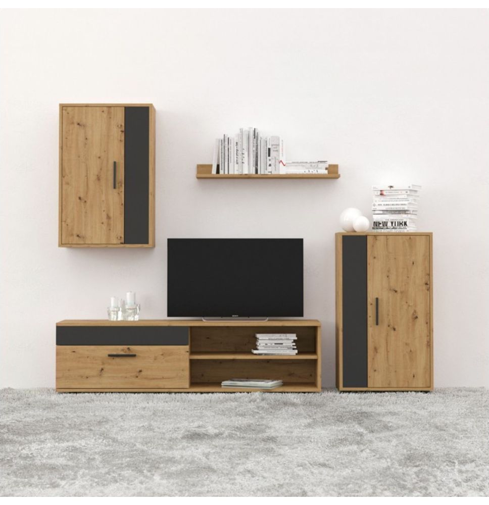 Mueble de Salón Modular Completo| Mueble para Televisión | Color Roble Nudoso y Negro