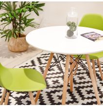 Mesa Redonda de Comedor o Cocina en Patas de Madera y Tapa Blanca – 80 cm de Diámetro y 75 cm de Alto.