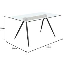 Mesa de Comedor de Cristal Templado - Patas Metálicas Negras y Travesaño de Madera | Diseño Moderno | 140x90 x 75 cm