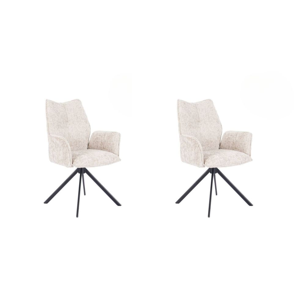 Juego de 2 Sillas con Brazos Tapizadas en Tela Beige y Patas en Acabado Negro, Mecanismo Giratorio 180º-  Medidas 63x62x93 cm