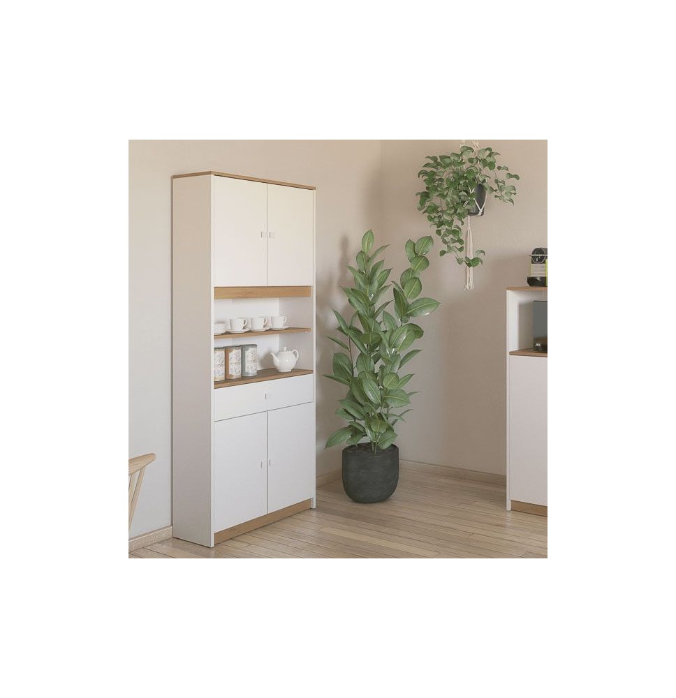 Armario Multiusos Tipo Buffet con 4 Puertas – Acabado Blanco y Roble – 180 x 67 x 29 cm (alto x ancho x fondo)