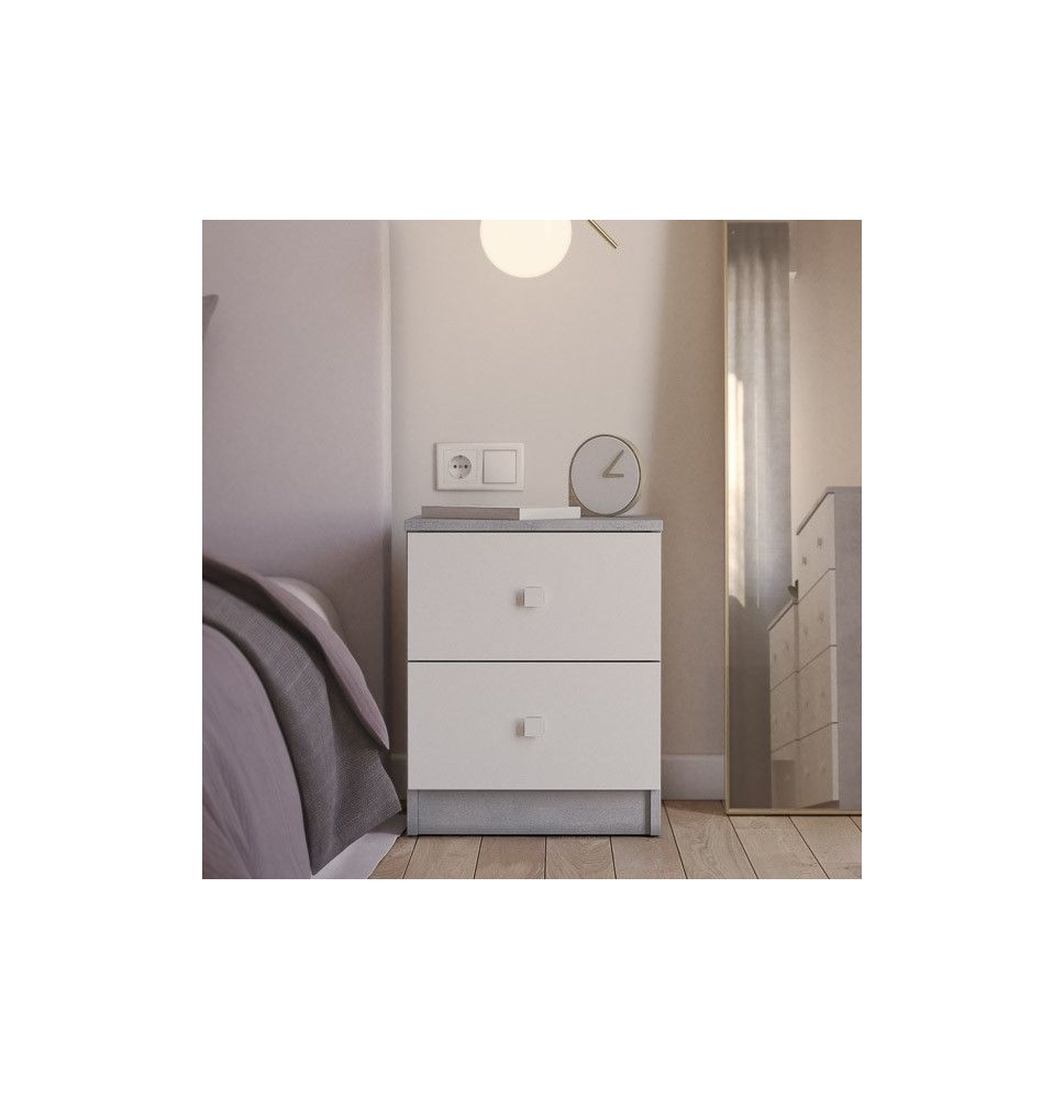 Mesita de Noche Moderna Mesilla de Noche con 2 Cajones Mesita Auxiliar para Dormitorio 49,6x40x35cm Color Cemento y Blanco