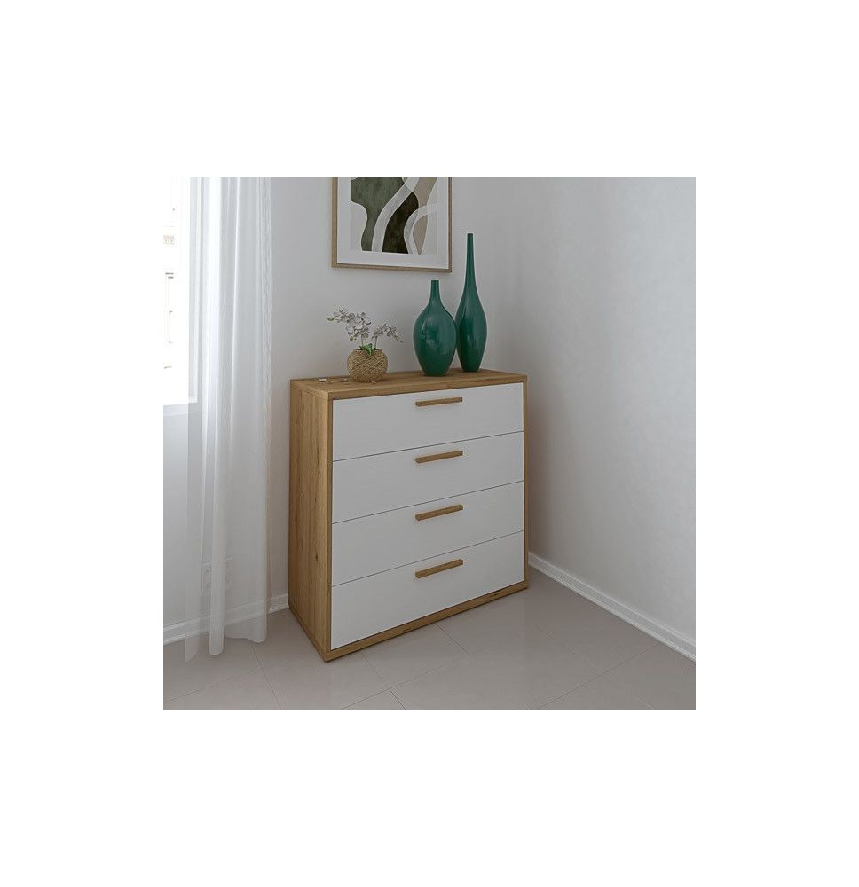 Cómoda con 4 Cajones, para Dormitorio, Acabado en Color Blanco y Roble, Medidas: 88 cm (Ancho) x 86 cm (Alto) x 48 cm (Fondo)
