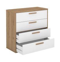 Cómoda con 4 Cajones, para Dormitorio, Acabado en Color Blanco y Roble, Medidas: 88 cm (Ancho) x 86 cm (Alto) x 48 cm (Fondo)