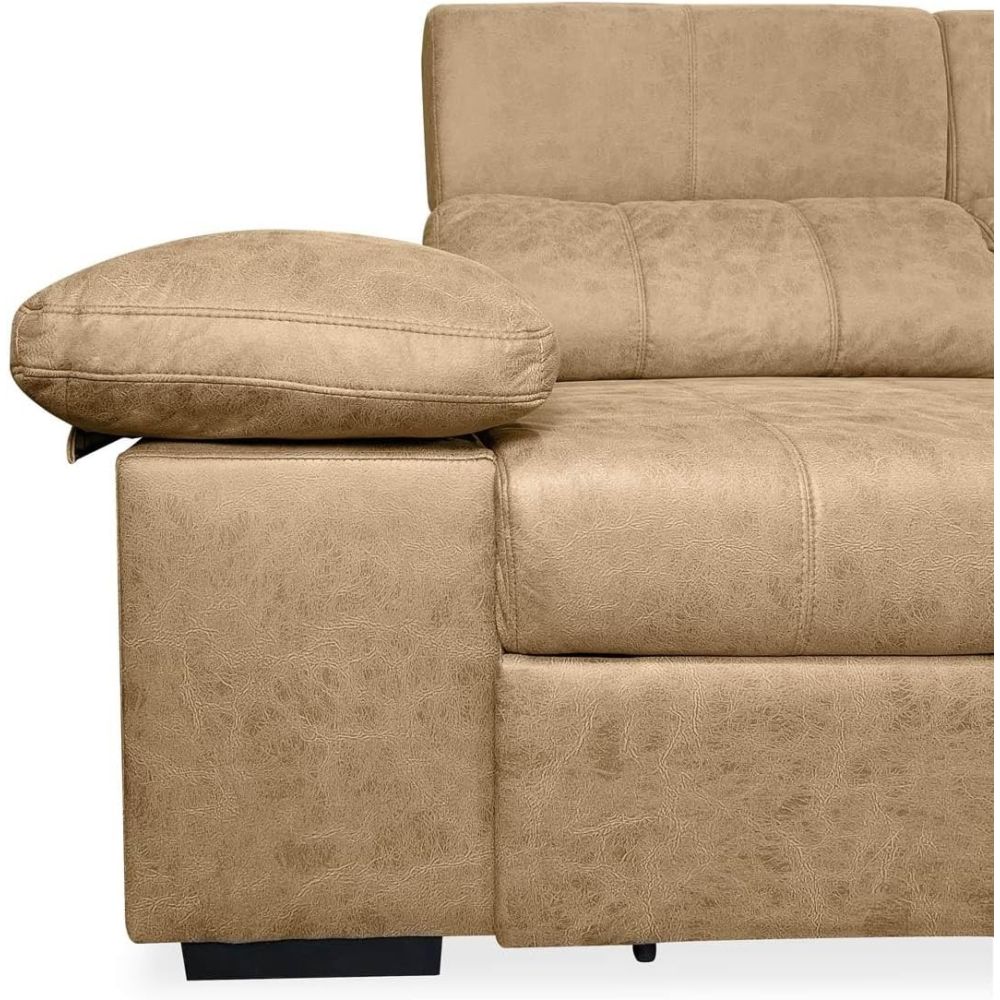 Sofá con Chaiselongue Reversible Color Piedra, Asientos Extensibles y Arcón, 291x160x104 cm, Tapizado en Tela