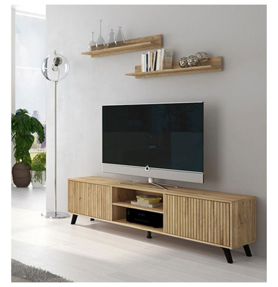 Mueble de TV + 2 Estantes, 2 Compartimentos y 2 Puertas,Mauvella - Rayas, 49cm(Alto)x 180cm (Ancho) x 40cm (Fondo)