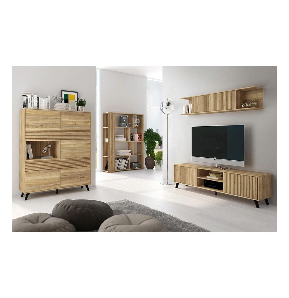 Conjunto de Salón Mueble Completo: Bajo TV, Vitrina, Estantería Decorativa y 2 Estantes - Color Mauvella Rayas